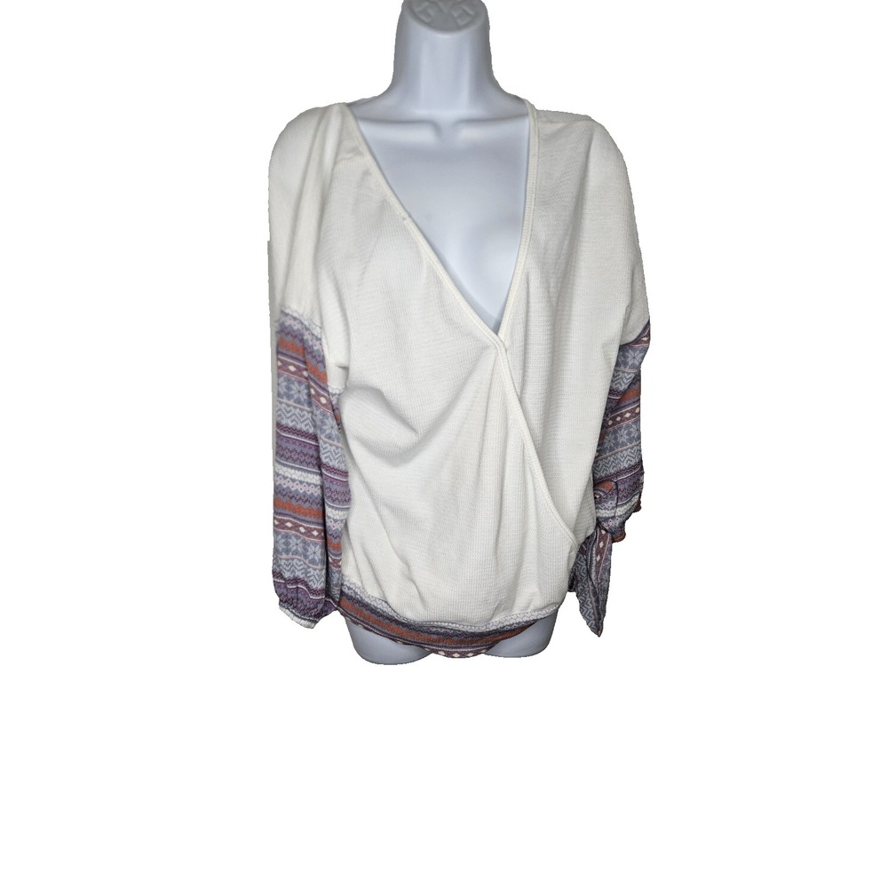 L Love Thermal Knit Wrap Top Size S Boho Aztec Sleeve Casual Pullover